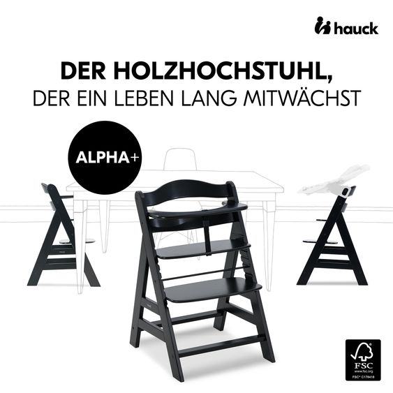 Hauck Alpha Plus Black 4-tlg. Newborn Set - Hochstuhl + 2in1 Babyaufsatz & Wippe + Sitzkissen - Stretch Grey