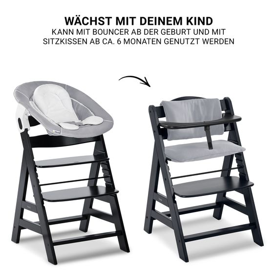 Hauck Alpha Plus Black 4-tlg. Newborn Set - Hochstuhl + 2in1 Babyaufsatz & Wippe + Sitzkissen - Stretch Grey