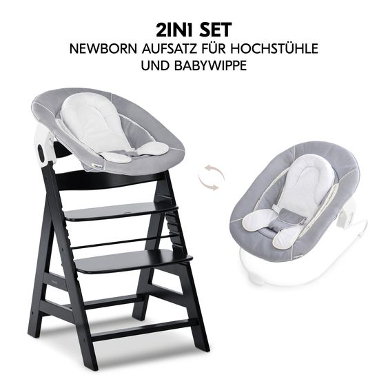 Hauck Alpha Plus Black 4-tlg. Newborn Set - Hochstuhl + 2in1 Babyaufsatz & Wippe + Sitzkissen - Stretch Grey