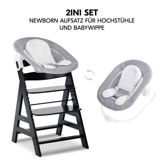 Hauck Alpha Plus Black Set Nouveau-Né 4 Pièces - Chaise Haute + 2in1 Adaptateur Bébé & Bascule + Coussin De Siège - Stretch Gris