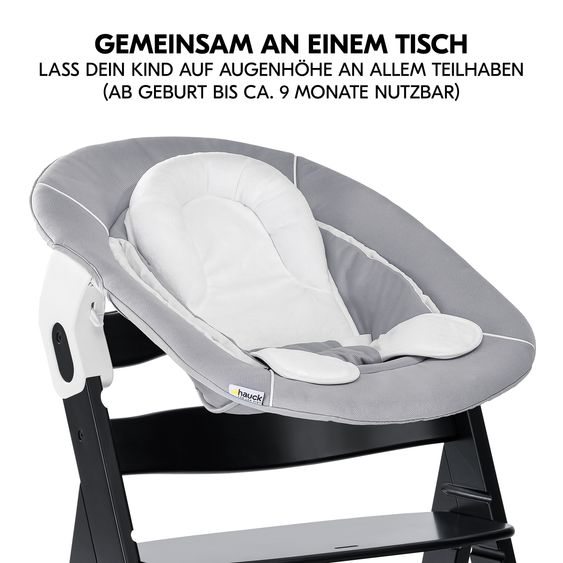 Hauck Alpha Plus Black 4-tlg. Newborn Set - Hochstuhl + 2in1 Babyaufsatz & Wippe + Sitzkissen - Stretch Grey