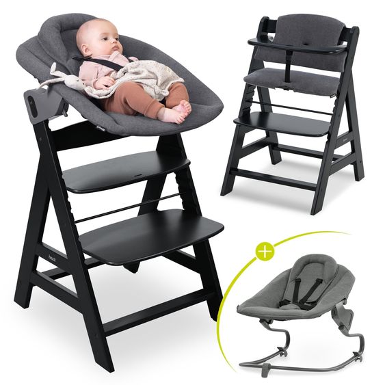 Hauck Alpha Plus Black 4-tlg. Newborn Set Premium - Hochstuhl + 2in1 Babyaufsatz & Wippe + Sitzkissen - Dark Grey