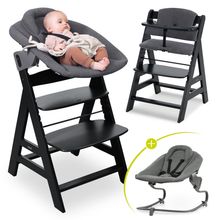 Alpha Plus Black 4-tlg. Newborn Set Premium - Hochstuhl + 2in1 Babyaufsatz & Wippe + Sitzkissen - Dark Grey