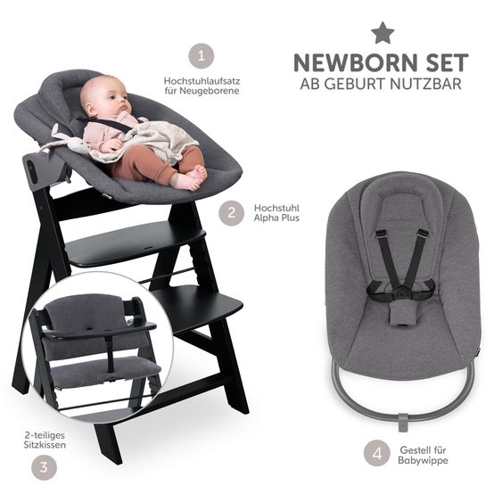 Hauck Alpha Plus Black 4-tlg. Newborn Set Premium - Hochstuhl + 2in1 Babyaufsatz & Wippe + Sitzkissen - Dark Grey