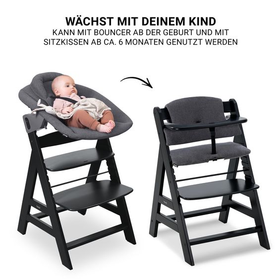 Hauck Alpha Plus Black 4-tlg. Newborn Set Premium - Hochstuhl + 2in1 Babyaufsatz & Wippe + Sitzkissen - Dark Grey