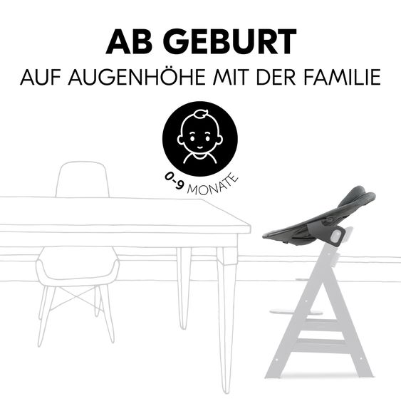 Hauck Alpha Plus Black 4-tlg. Newborn Set Premium - Hochstuhl + 2in1 Babyaufsatz & Wippe + Sitzkissen - Dark Grey