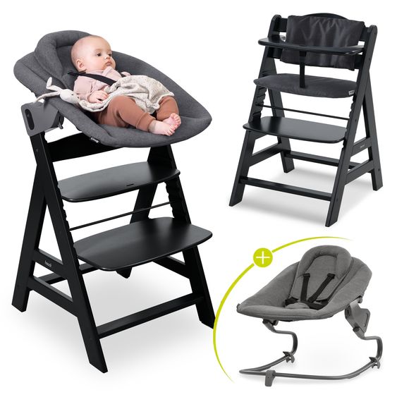 Hauck Alpha Plus Black Set 4 pezzi per neonati Premium - Seggiolone + Attacco per neonati 2in1 e dondolo + cuscino per la seduta - Grigio scuro