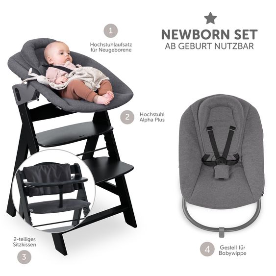 Hauck Alpha Plus Black Set 4 pezzi per neonati Premium - Seggiolone + Attacco per neonati 2in1 e dondolo + cuscino per la seduta - Grigio scuro