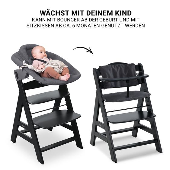 Hauck Alpha Plus Black Set 4 pezzi per neonati Premium - Seggiolone + Attacco per neonati 2in1 e dondolo + cuscino per la seduta - Grigio scuro