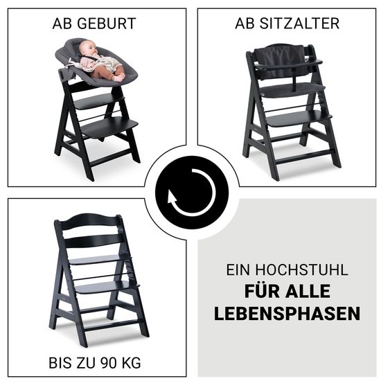 Hauck Alpha Plus Black Set 4 pezzi per neonati Premium - Seggiolone + Attacco per neonati 2in1 e dondolo + cuscino per la seduta - Grigio scuro