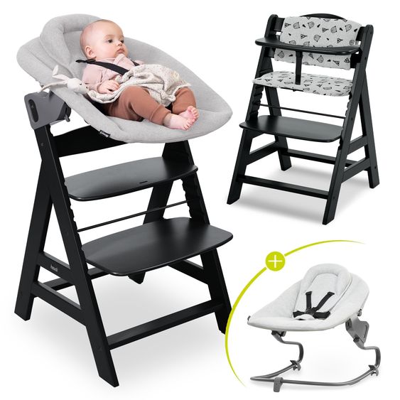 Hauck Alpha Plus Black 4-tlg. Newborn Set Premium - Hochstuhl + 2in1 Babyaufsatz & Wippe + Sitzkissen - Light Grey