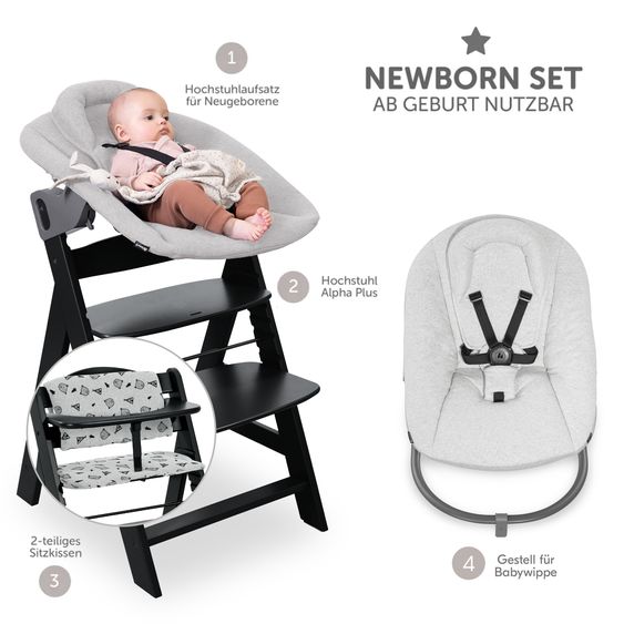 Hauck Alpha Plus Black 4-tlg. Newborn Set Premium - Hochstuhl + 2in1 Babyaufsatz & Wippe + Sitzkissen - Light Grey