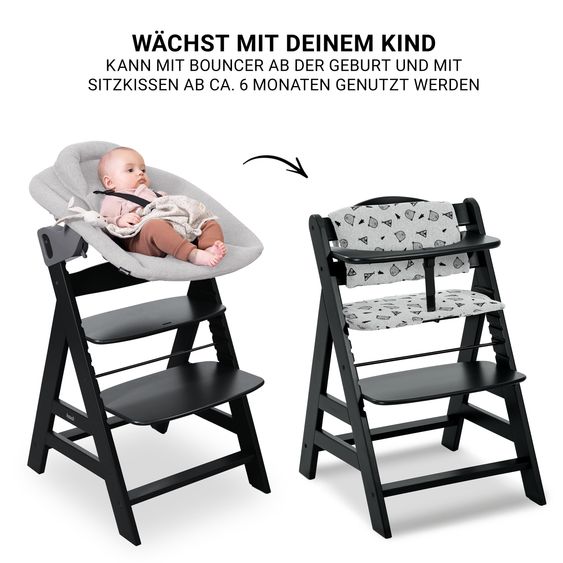 Hauck Alpha Plus Black 4-tlg. Newborn Set Premium - Hochstuhl + 2in1 Babyaufsatz & Wippe + Sitzkissen - Light Grey