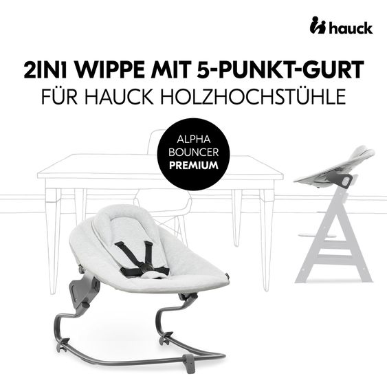 Hauck Alpha Plus Black 4-tlg. Newborn Set Premium - Hochstuhl + 2in1 Babyaufsatz & Wippe + Sitzkissen - Light Grey