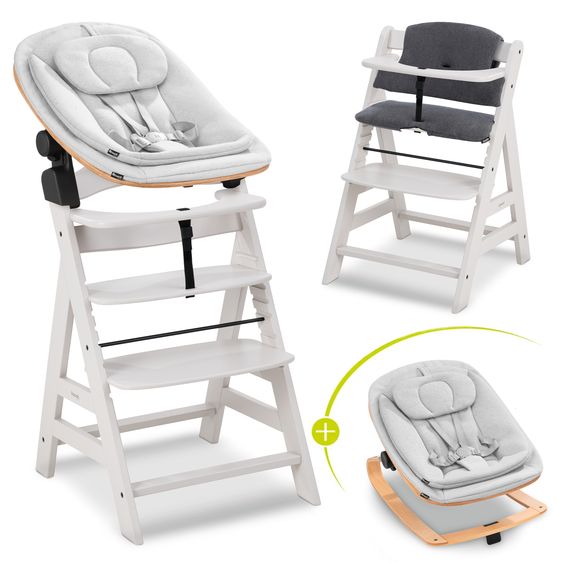 Hauck Alpha Plus Creme 4-tlg. Newborn Set Eco - Hochstuhl + 2in1 Babyaufsatz & Wippe + Sitzkissen - Light Grey / Charcoal