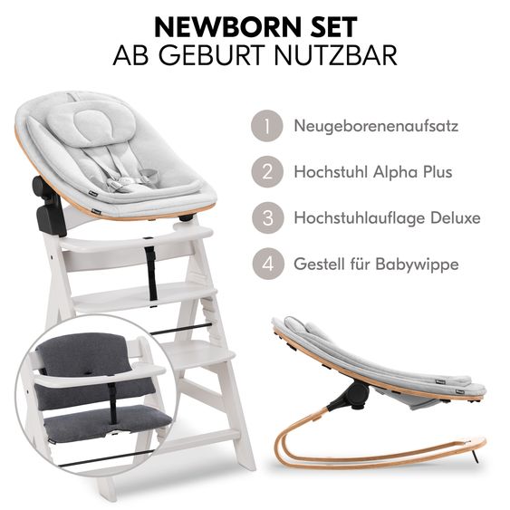 Hauck Alpha Plus Creme 4-tlg. Newborn Set Eco - Hochstuhl + 2in1 Babyaufsatz & Wippe + Sitzkissen - Light Grey / Charcoal