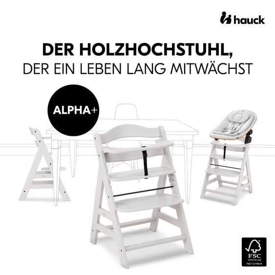 Hauck Alpha Plus Creme 4-tlg. Newborn Set Eco - Hochstuhl + 2in1 Babyaufsatz & Wippe + Sitzkissen - Light Grey / Charcoal