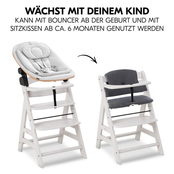 Hauck Alpha Plus Creme 4-tlg. Newborn Set Eco - Hochstuhl + 2in1 Babyaufsatz & Wippe + Sitzkissen - Light Grey / Charcoal