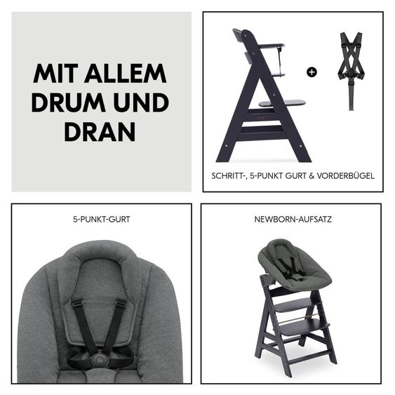 Hauck Alpha Plus Dark Grey Newborn Set - High Chair + Newborn Insert + Tray - Dark Grey