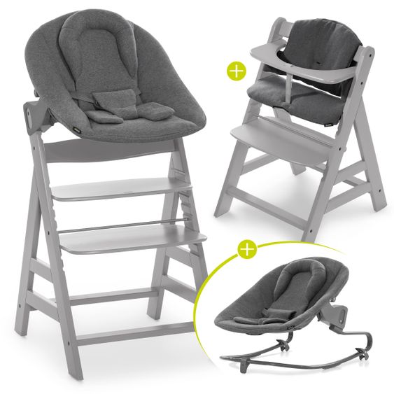 Hauck Alpha Plus Grau Newborn Set - 4-tlg. Hochstuhl + Aufsatz & Wippe Premium Jersey Charcoal + Sitzpolster