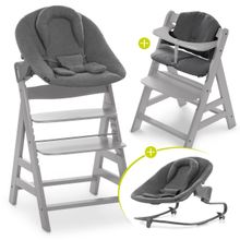 Alpha Plus Grau Newborn Set - 4-tlg. Hochstuhl + Aufsatz & Wippe Premium Jersey Charcoal + Sitzpolster