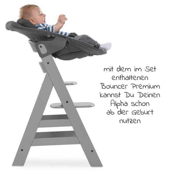 Hauck Alpha Plus Grau Newborn Set - 4-tlg. Hochstuhl + Aufsatz & Wippe Premium Jersey Charcoal + Sitzpolster