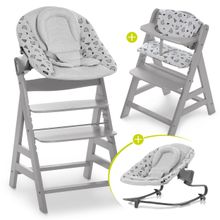 Alpha Plus Grau Newborn Set - 4-tlg. Hochstuhl + Aufsatz & Wippe Premium Nordic Grey + Sitzpolster