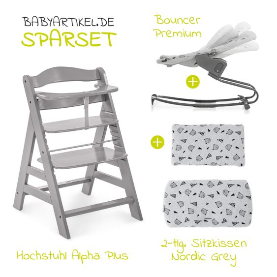 Hauck Alpha Plus Grau Newborn Set - 4-tlg. Hochstuhl + Aufsatz & Wippe Premium Nordic Grey + Sitzpolster