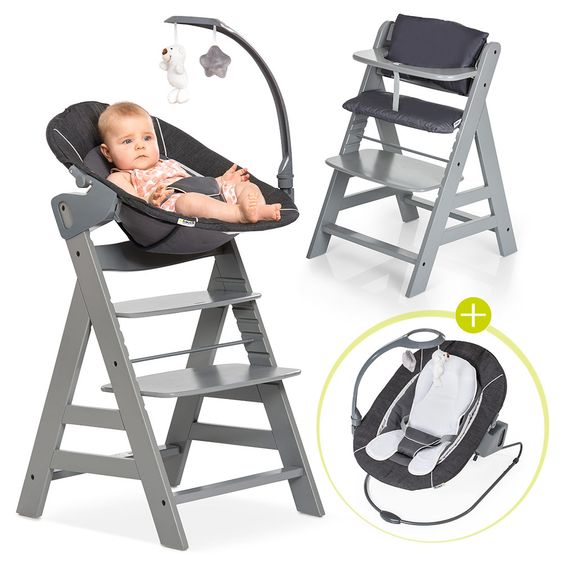 Hauck Alpha Plus Grau Newborn Set Deluxe - 4-tlg. Hochstuhl + 2in1 Neugeboreneneinsatz (verstellbar) + Sitzpolster