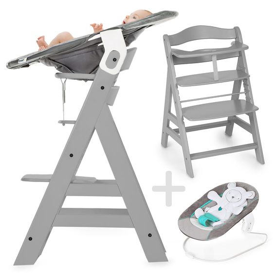 Hauck Alpha Plus Grau - Newborn Set - Hochstuhl + Neugeboreneneinsatz & Wippe