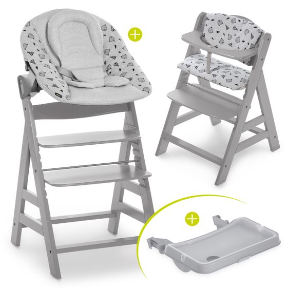Hauck Alpha Plus Grau XL Newborn Set - Hochstuhl + 2in1 Aufsatz + Alpha Tray Essbrett + Sitzauflage - Nordic Grey