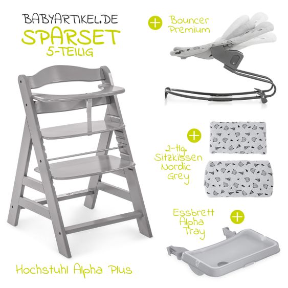 Hauck Alpha Plus Grau XL Newborn Set - Hochstuhl + 2in1 Aufsatz + Alpha Tray Essbrett + Sitzauflage - Nordic Grey