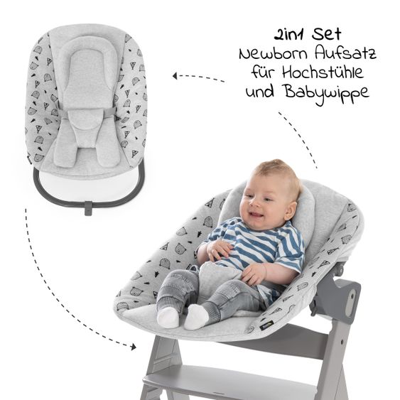 Hauck Alpha Plus Grau XL Newborn Set - Hochstuhl + 2in1 Aufsatz + Alpha Tray Essbrett + Sitzauflage - Nordic Grey