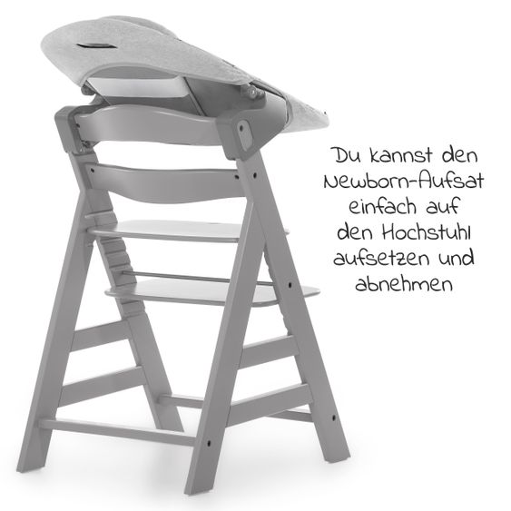 Hauck Alpha Plus Grau XL Newborn Set - Hochstuhl + 2in1 Aufsatz + Alpha Tray Essbrett + Sitzauflage - Nordic Grey