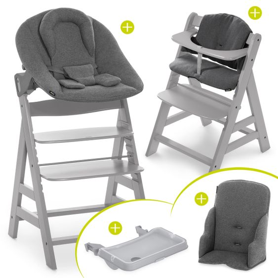Hauck Alpha Plus Grey XXL Newborn Set - High Chair + 2in1 Attachment + Alpha Tray Eating Board + Accessories - Jersey Charcoal
