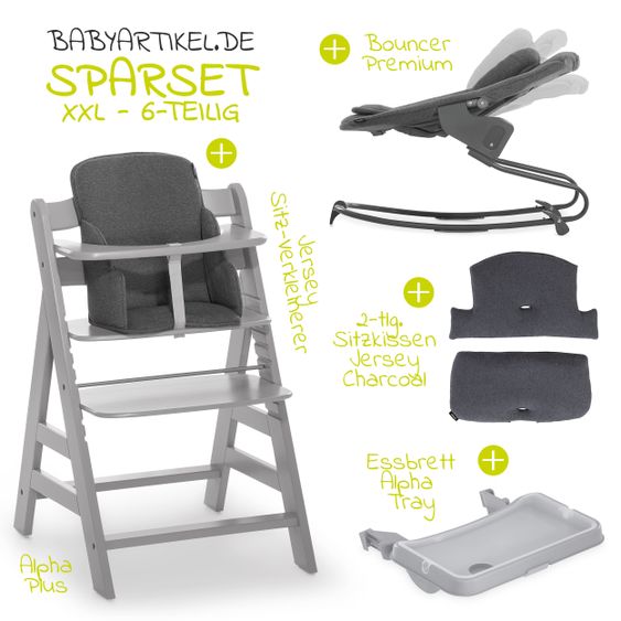 Hauck Alpha Plus Grey XXL Newborn Set - High Chair + 2in1 Attachment + Alpha Tray Eating Board + Accessories - Jersey Charcoal