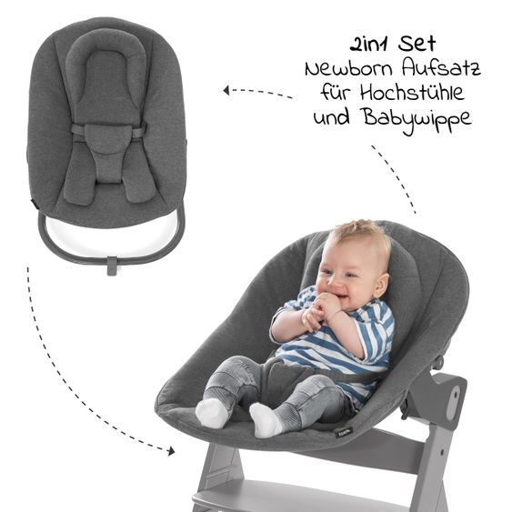 Hauck Alpha Plus Grey XXL Newborn Set - High Chair + 2in1 Attachment + Alpha Tray Eating Board + Accessories - Jersey Charcoal