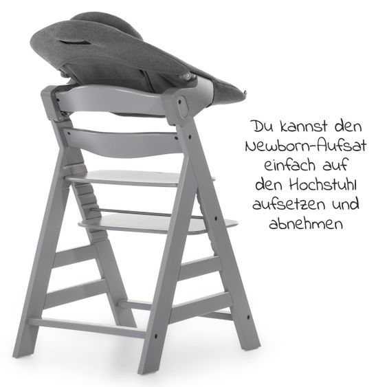 Hauck Alpha Plus Grey XXL Newborn Set - High Chair + 2in1 Attachment + Alpha Tray Eating Board + Accessories - Jersey Charcoal