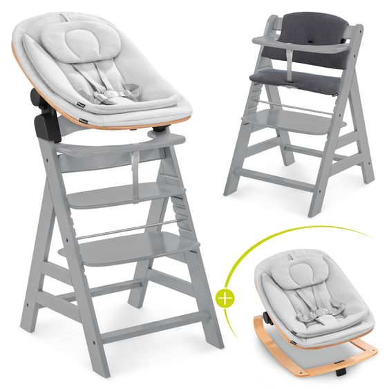 Hauck Alpha Plus Grey 4-piece Newborn Set Eco - Highchair + 2in1 Baby Attachment & Rocker + Seat Cushion - Light Grey / Charcoal