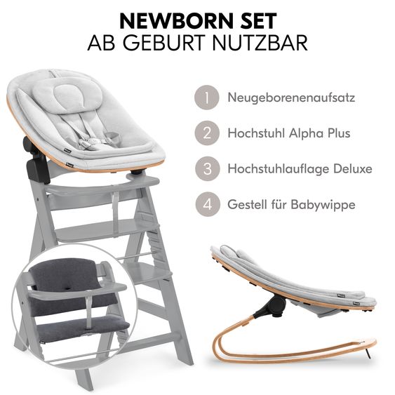 Hauck Alpha Plus Grey 4-piece Newborn Set Eco - Highchair + 2in1 Baby Attachment & Rocker + Seat Cushion - Light Grey / Charcoal