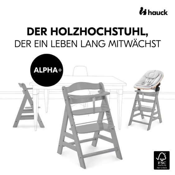 Hauck Alpha Plus Grey 4-piece Newborn Set Eco - Highchair + 2in1 Baby Attachment & Rocker + Seat Cushion - Light Grey / Charcoal