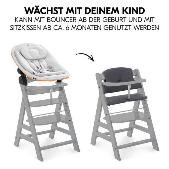 Hauck Alpha Plus Grey 4-piece Newborn Set Eco - Highchair + 2in1 Baby Attachment & Rocker + Seat Cushion - Light Grey / Charcoal