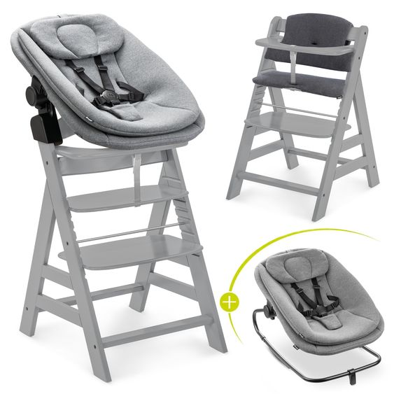 Hauck Alpha Plus Grey 4-tlg. Newborn Set - Hochstuhl + 2in1 Babyaufsatz & Wippe + Sitzkissen - Dark Grey Melange