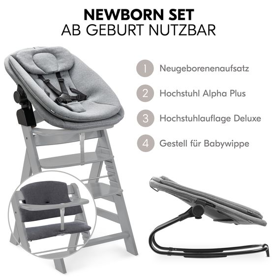 Hauck Alpha Plus Grey 4-tlg. Newborn Set - Hochstuhl + 2in1 Babyaufsatz & Wippe + Sitzkissen - Dark Grey Melange