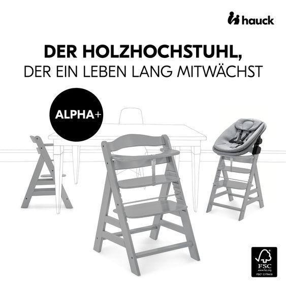 Hauck Alpha Plus Grey 4-tlg. Newborn Set - Hochstuhl + 2in1 Babyaufsatz & Wippe + Sitzkissen - Dark Grey Melange