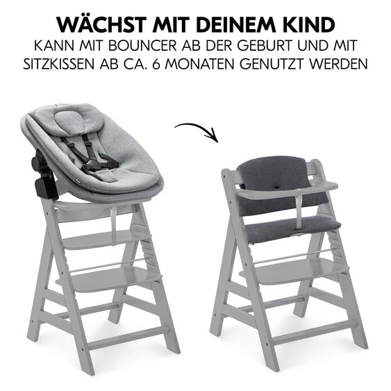 Hauck Alpha Plus Grey 4-tlg. Newborn Set - Hochstuhl + 2in1 Babyaufsatz & Wippe + Sitzkissen - Dark Grey Melange