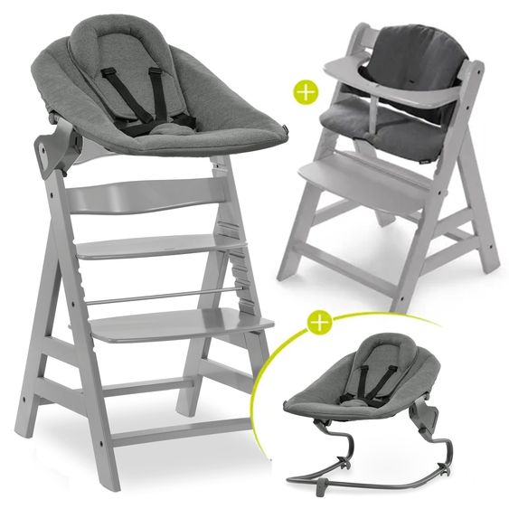 Hauck Alpha Plus Grey 4-tlg. Newborn Set - Hochstuhl + 2in1 Neugeborenen-Aufsatz & Wippe + Hochstuhlauflage - Jersey Charcoal