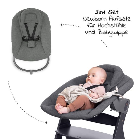 Hauck Alpha Plus Grey 4-tlg. Newborn Set - Hochstuhl + 2in1 Neugeborenen-Aufsatz & Wippe + Hochstuhlauflage - Jersey Charcoal