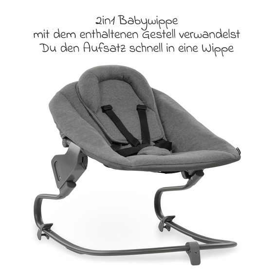 Hauck Alpha Plus Grey 4-tlg. Newborn Set - Hochstuhl + 2in1 Neugeborenen-Aufsatz & Wippe + Hochstuhlauflage - Jersey Charcoal