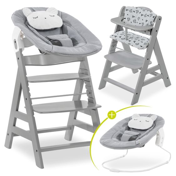 Hauck Alpha Plus Grey 4-tlg. Newborn Set Pastell Bear - Hochstuhl + Neugeborenenaufsatz & Wippe + Sitzkissen Nordic Grey